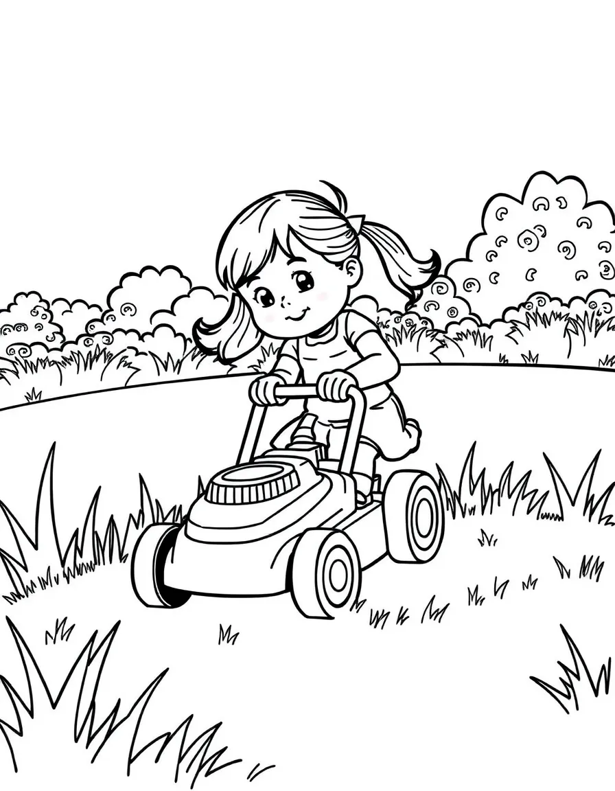 A girl playing with a toy lawnmower, pushing it across the grass.