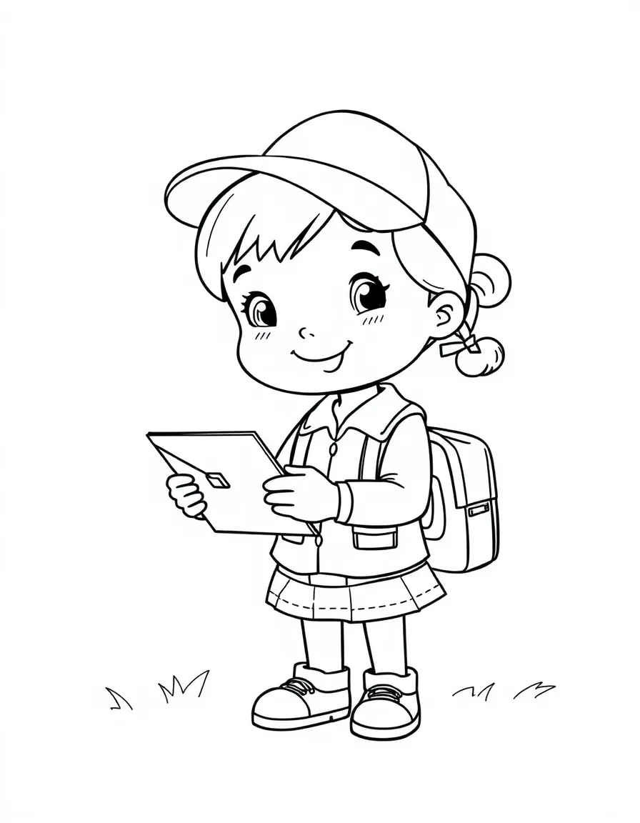 A girl pretending to be a mail carrier, delivering toy letters.