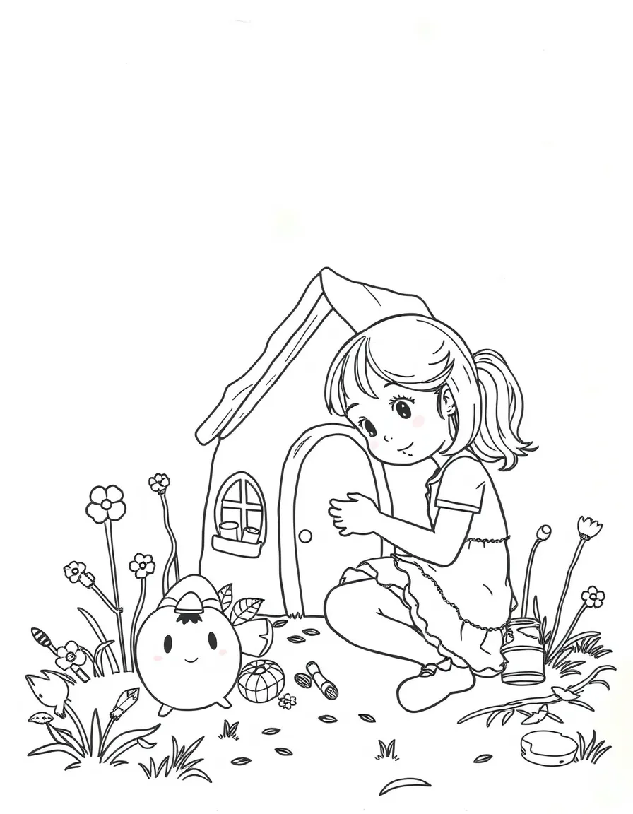 A girl making a "fairy house" out of natural materials.