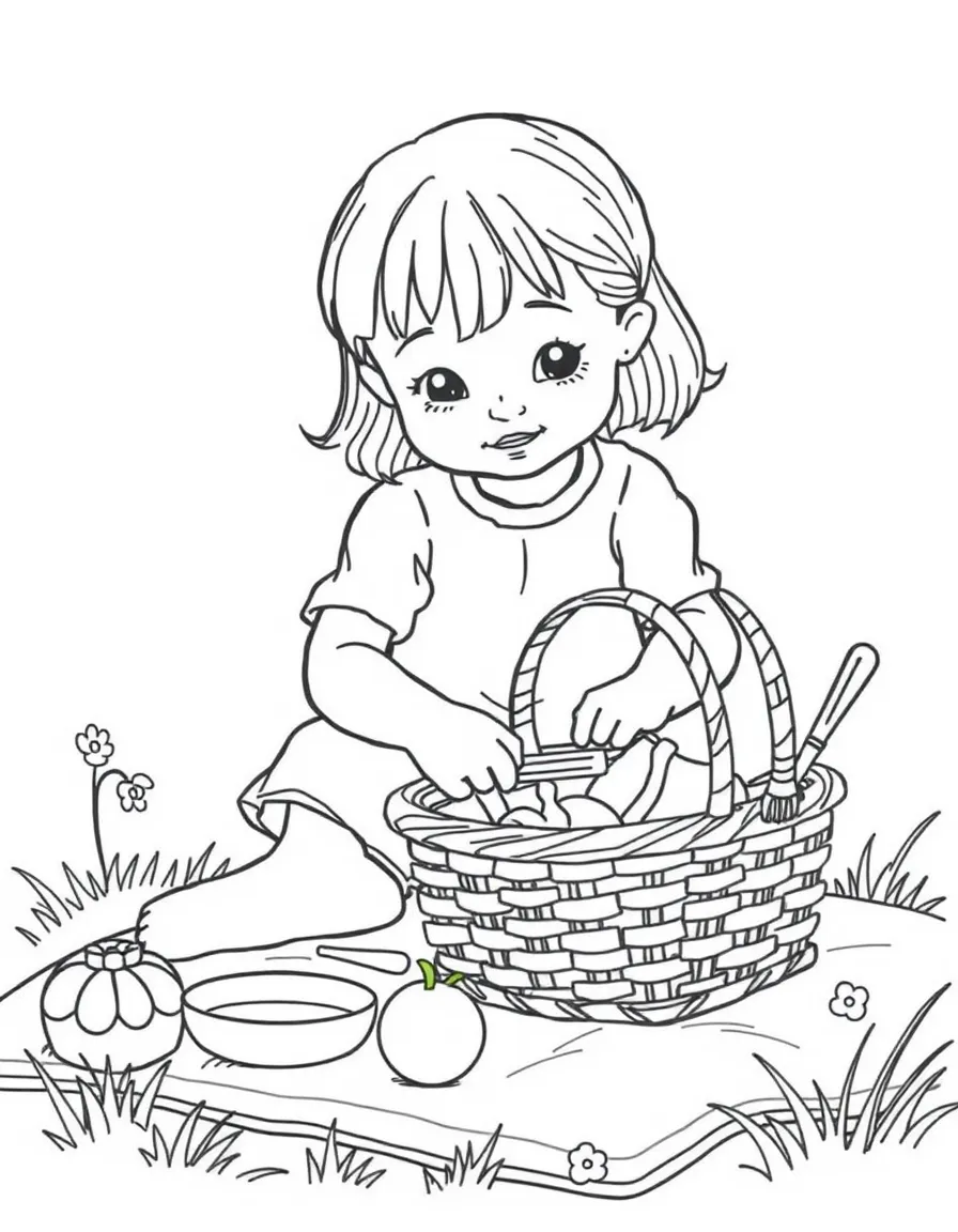 A girl playing with a toy picnic basket, setting up a pretend picnic.