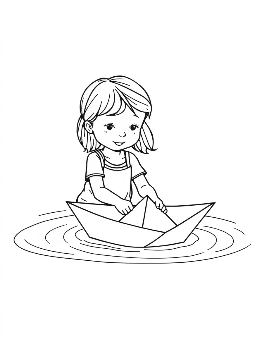 A girl making a paper boat race in a shallow pool.