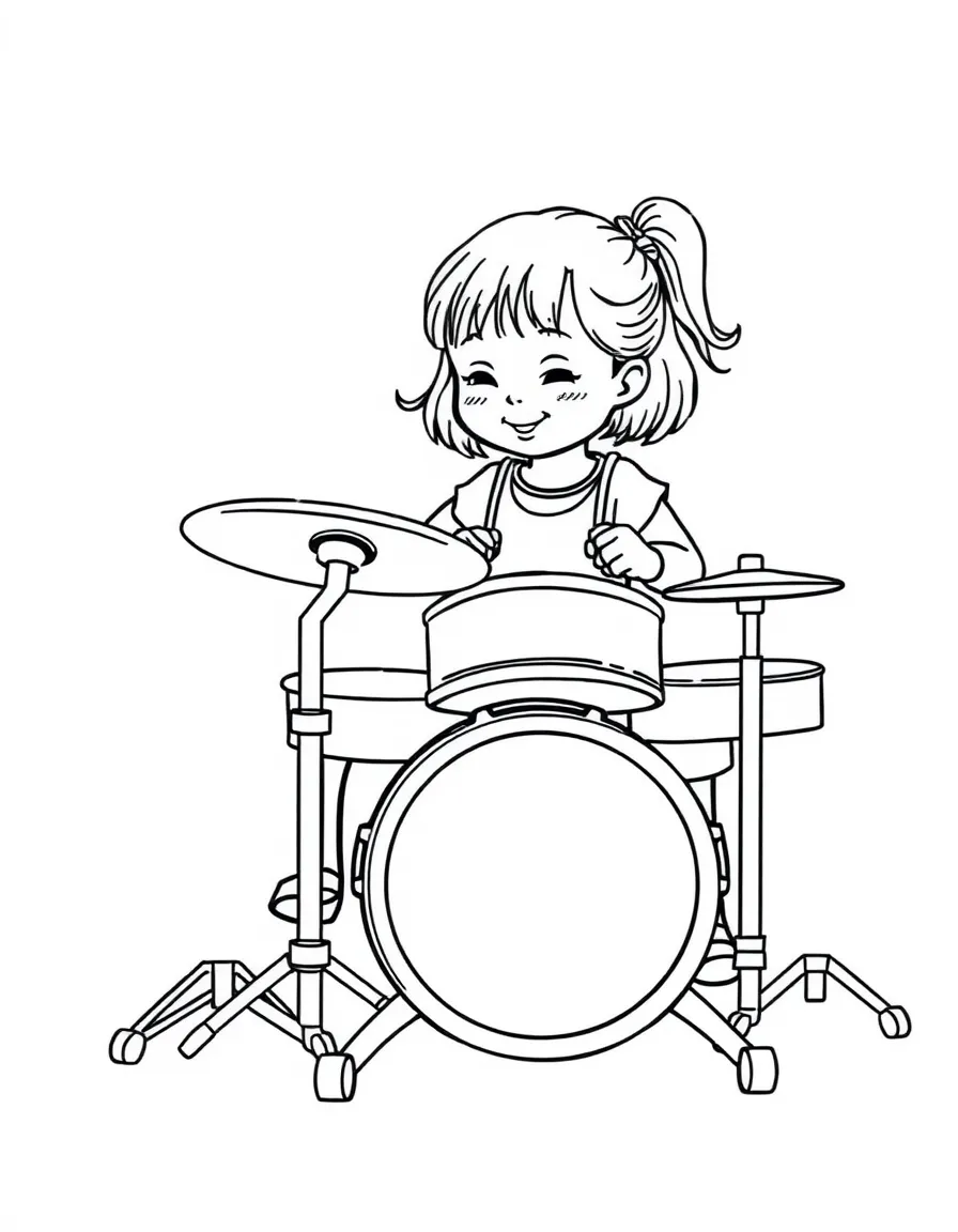 A girl playing with a toy drum set, banging on the drums.