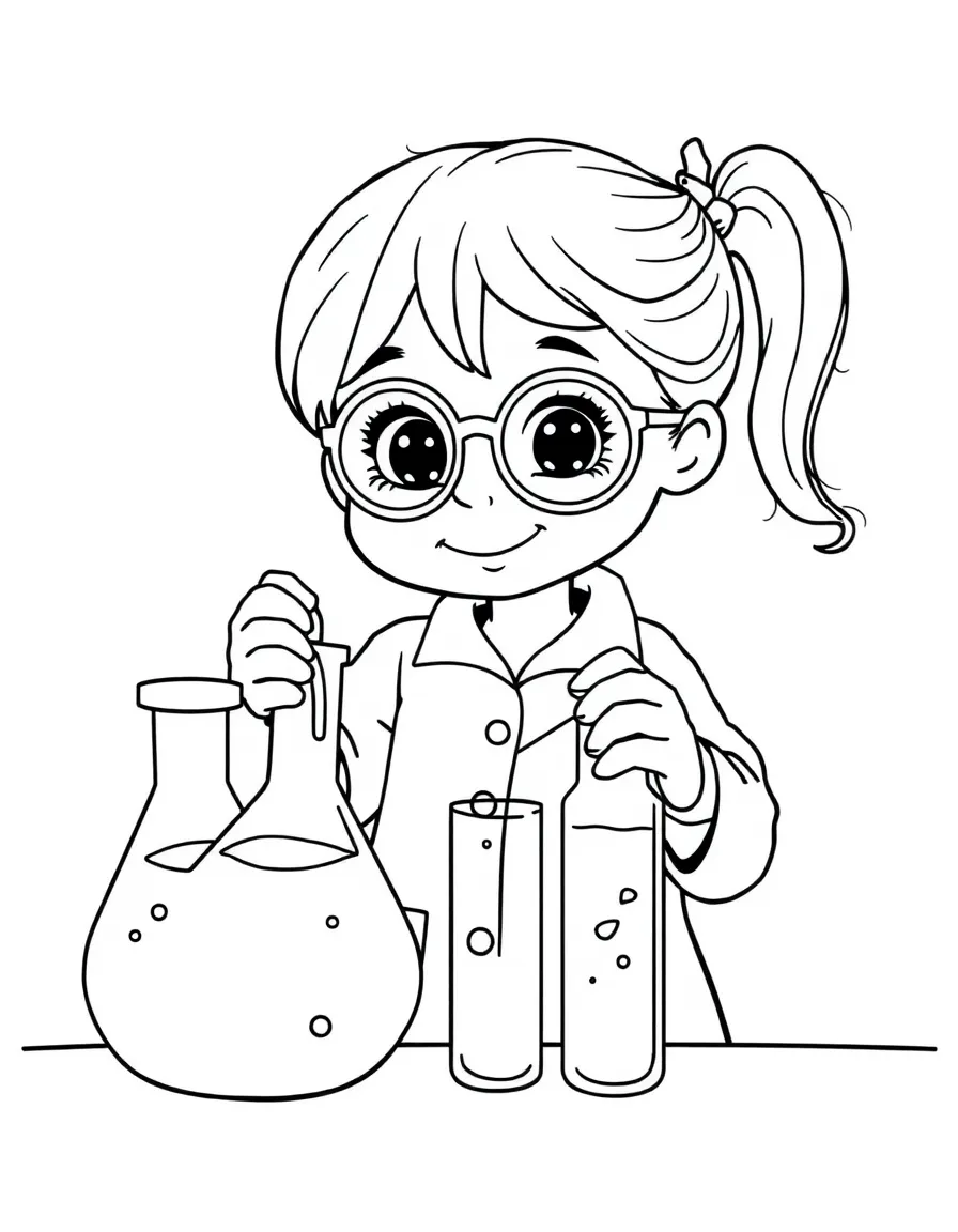 A girl pretending to be a scientist, mixing colorful liquids in beakers.