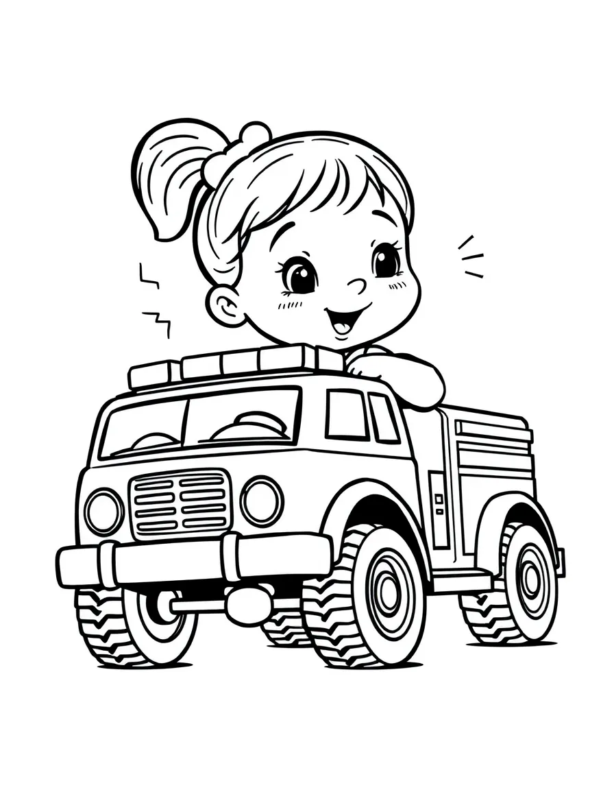 A girl playing with a toy fire truck, making siren sounds.