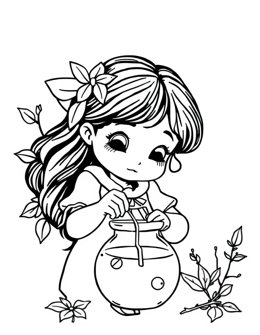 A girl making a "potion" with leaves, twigs, and water.
