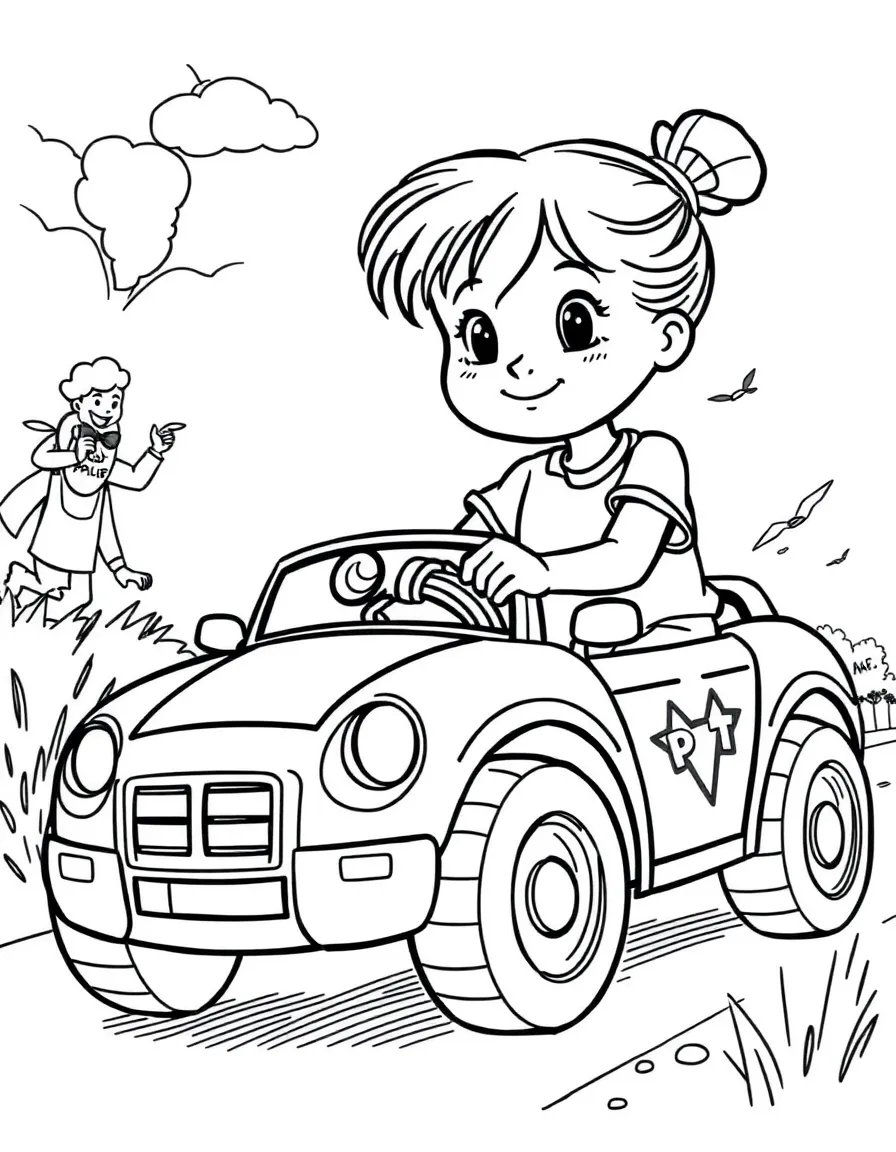 A girl playing with a toy police car, chasing imaginary bad guys.