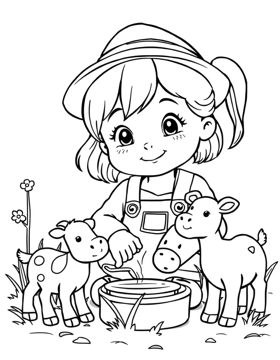 A girl pretending to be a farmer, tending to toy animals.