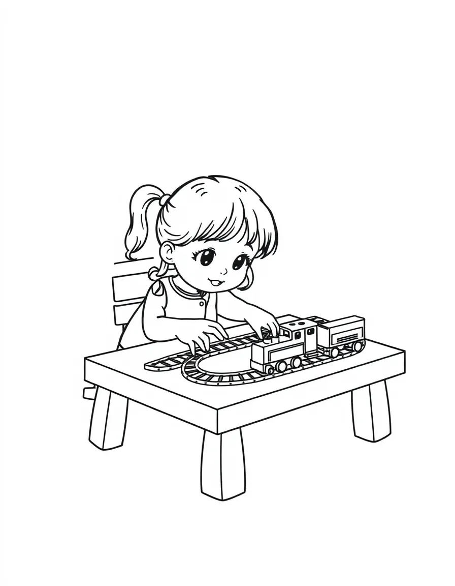 A girl playing with a toy train table, moving trains around tracks.