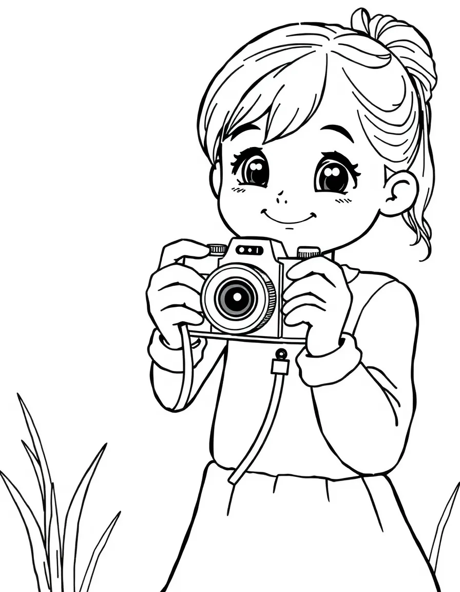 A girl pretending to be a photographer, taking pictures with a toy camera.