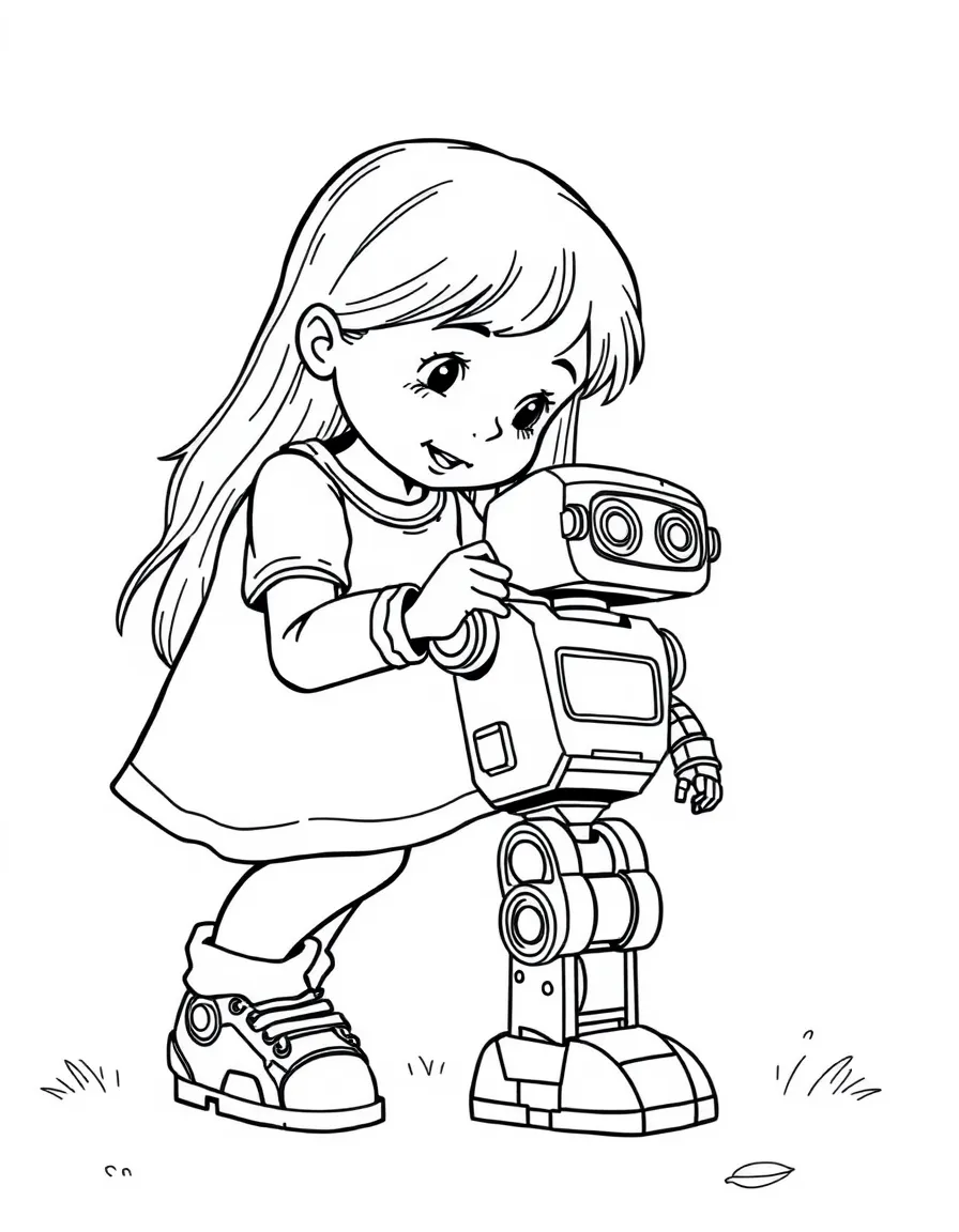 A girl playing with a toy robot, making it walk.