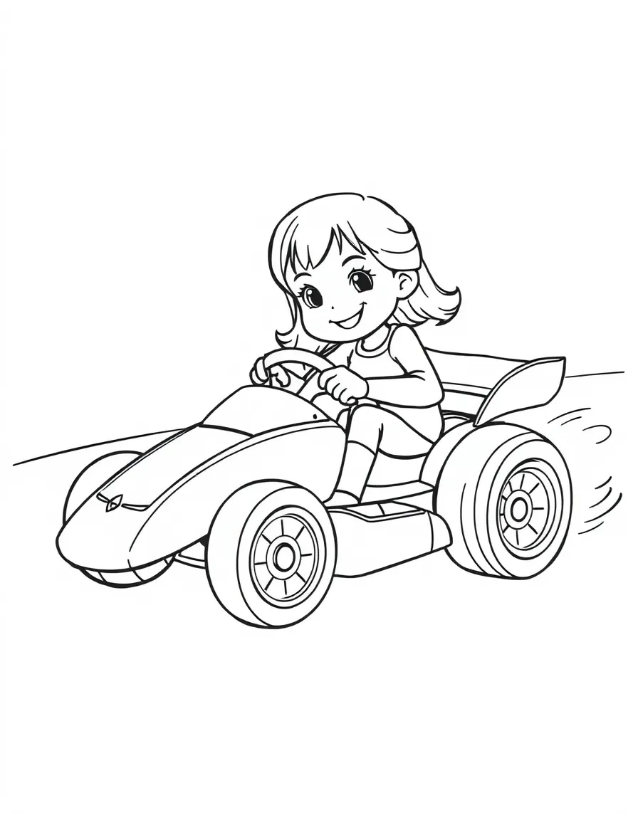 A girl playing with a toy race car, zooming it around.