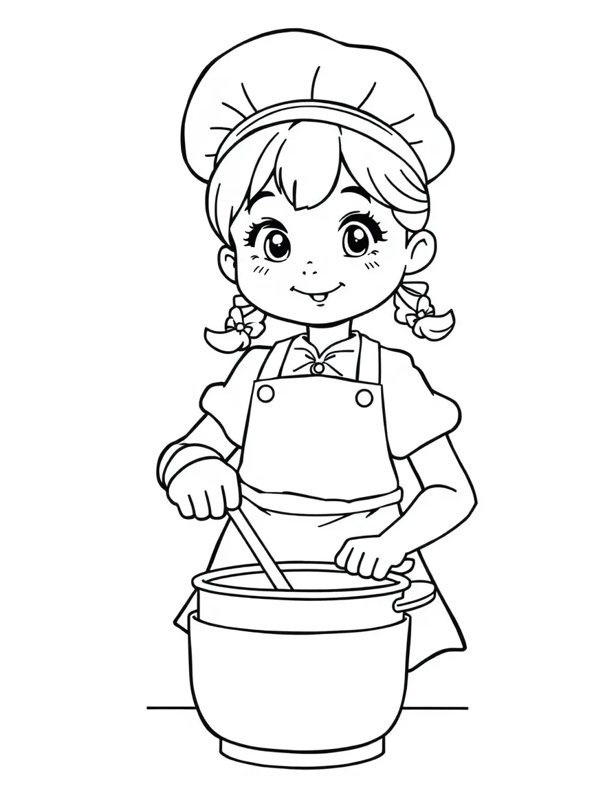 A girl pretending to be a chef, wearing an apron and stirring a pot.