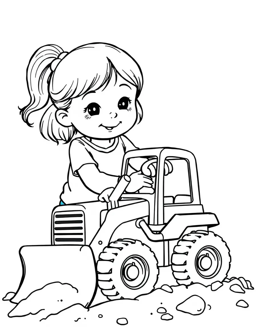A girl playing with a toy bulldozer, pushing dirt.