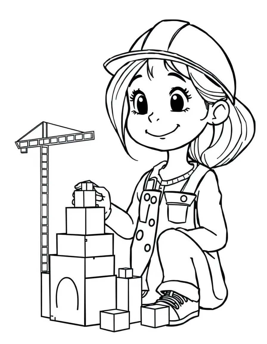 A girl pretending to be an architect, designing a building with blocks.