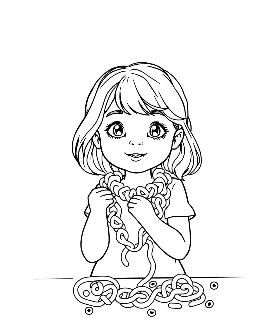 A girl making a macaroni necklace.