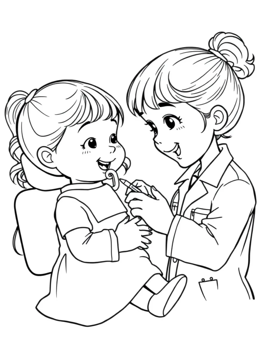 A girl pretending to be a dentist, looking at her doll's teeth.