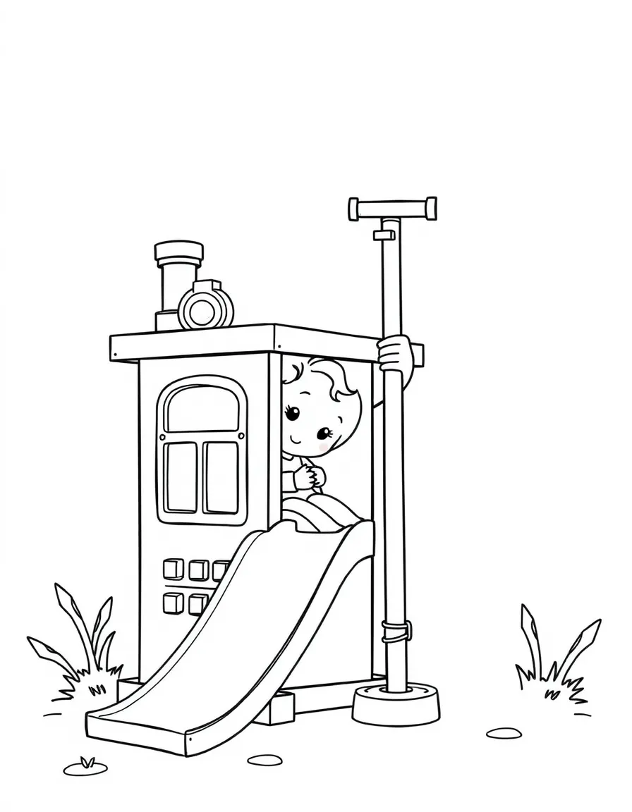 A girl playing with a toy fire station, sliding down the pole.