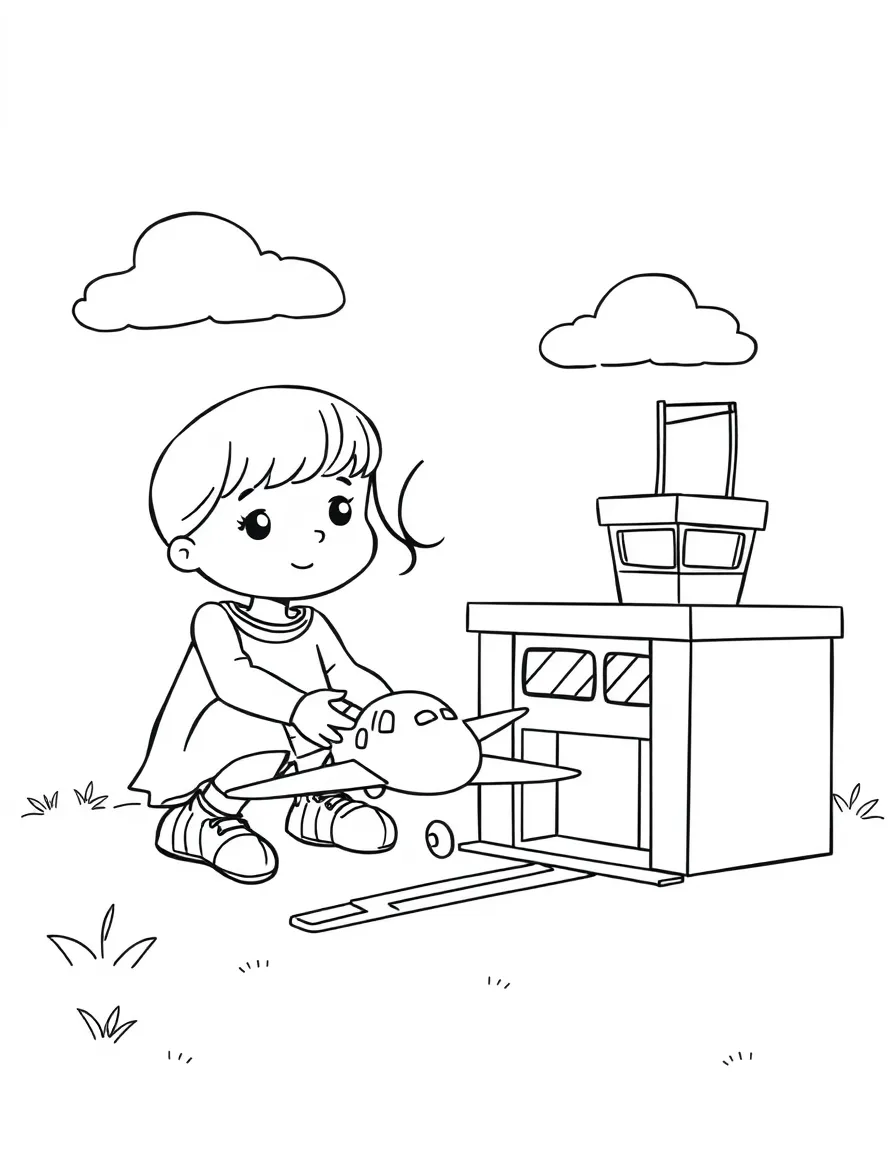 A girl playing with a toy airport, landing toy planes.