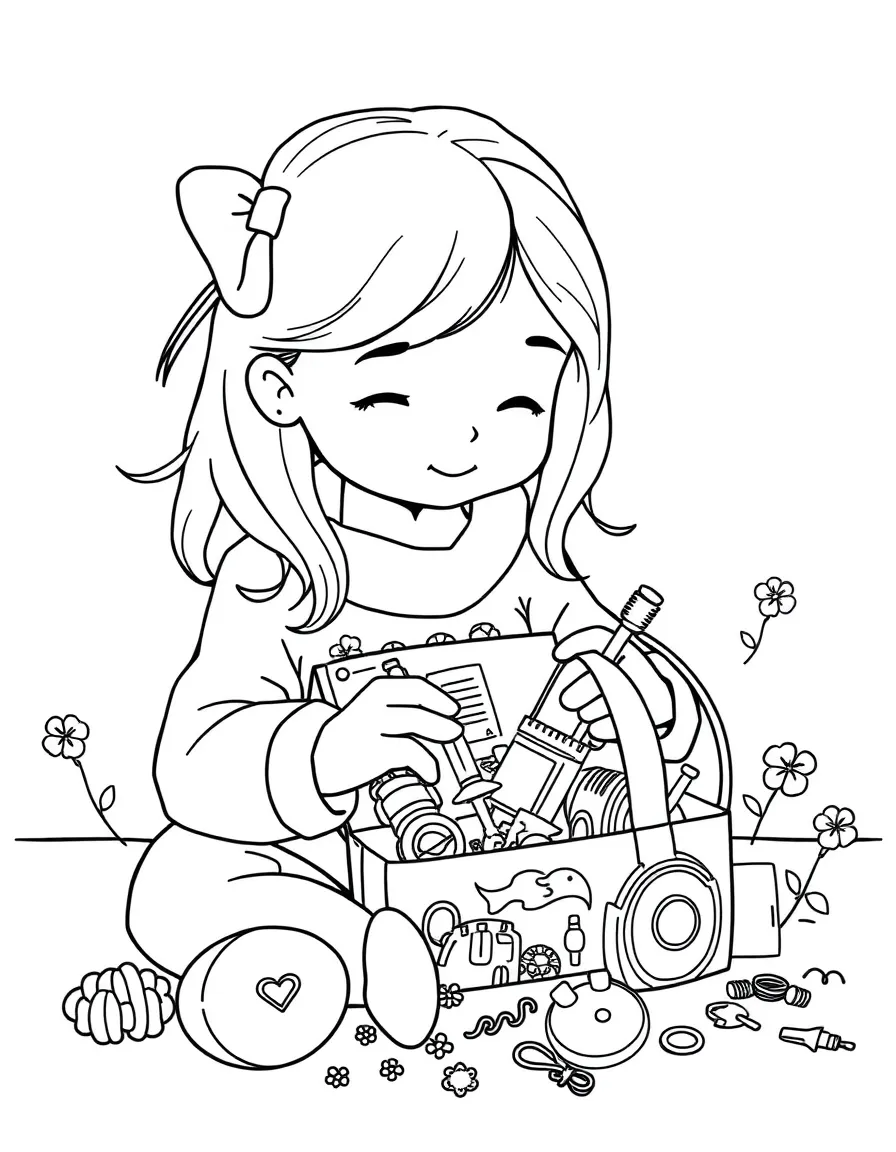 A girl making a "time capsule" with small items.