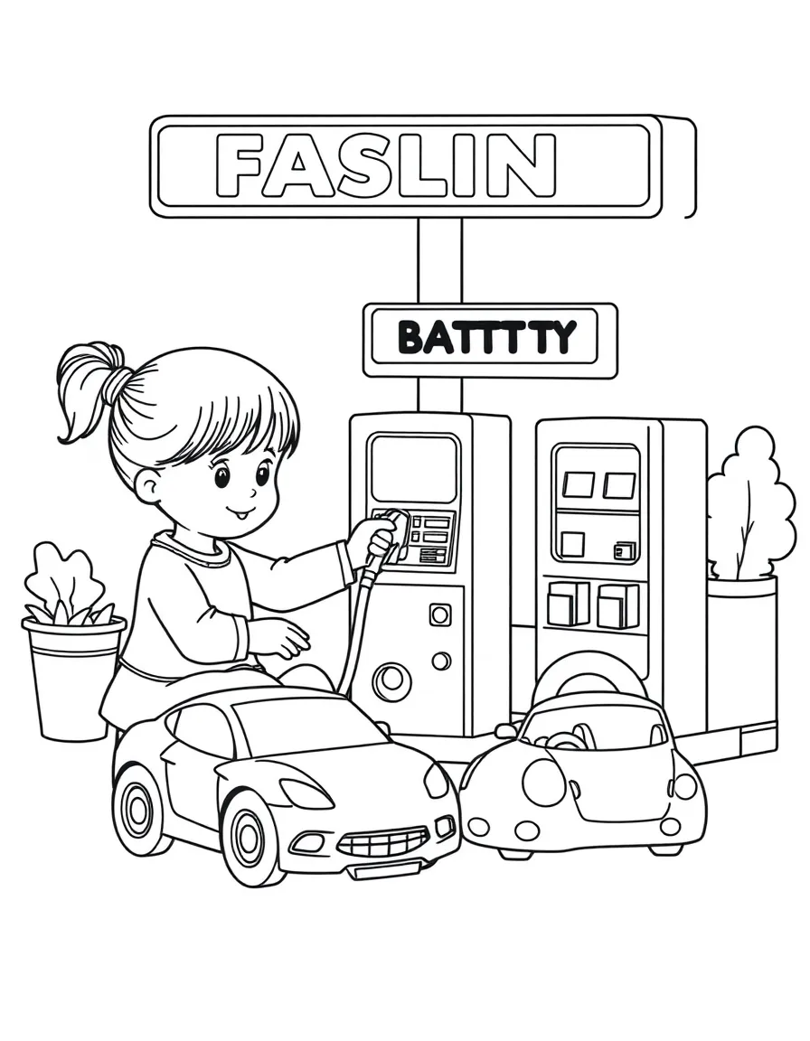A girl playing with a toy gas station, filling up toy cars.