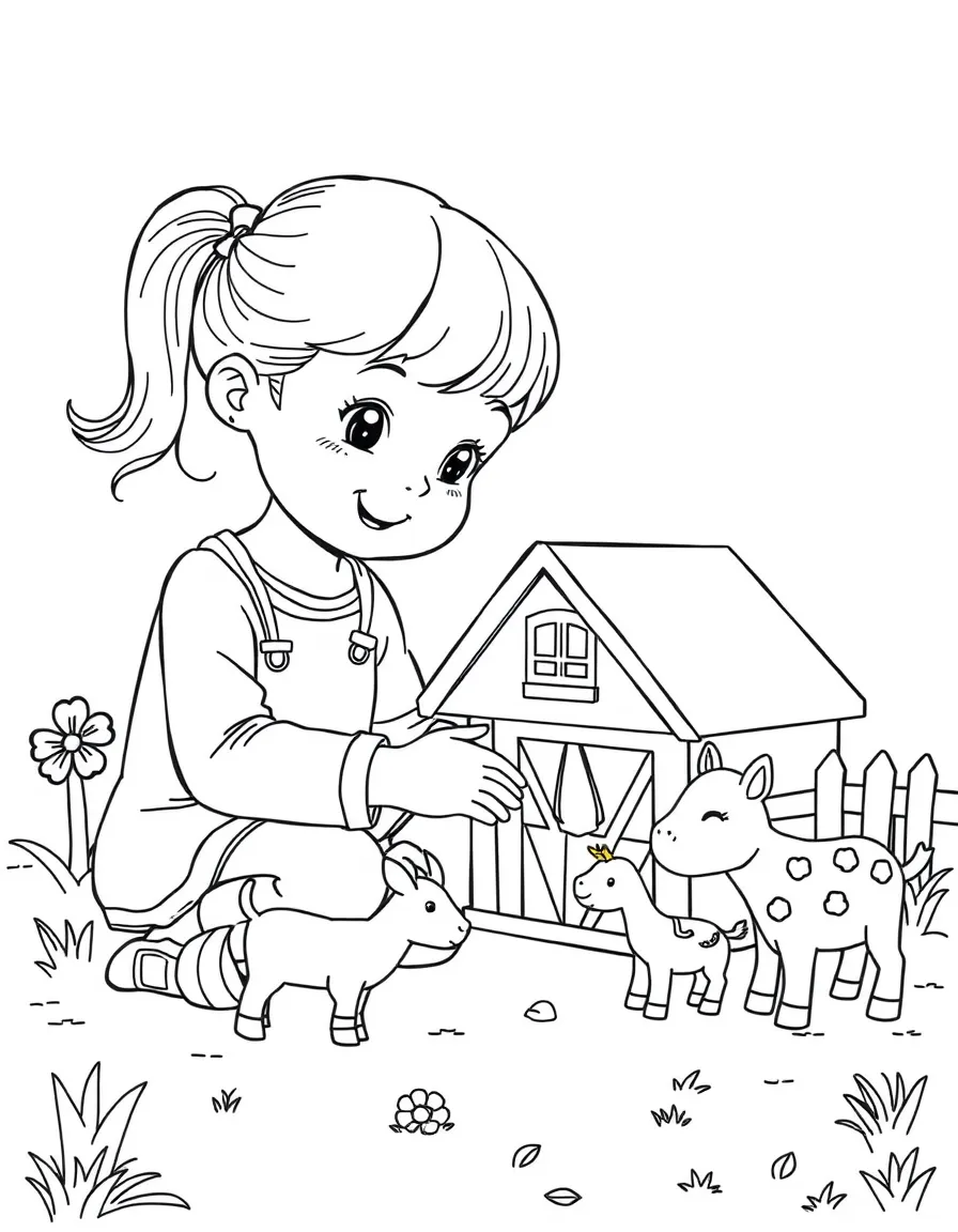 A girl playing with a toy farm, feeding toy animals.