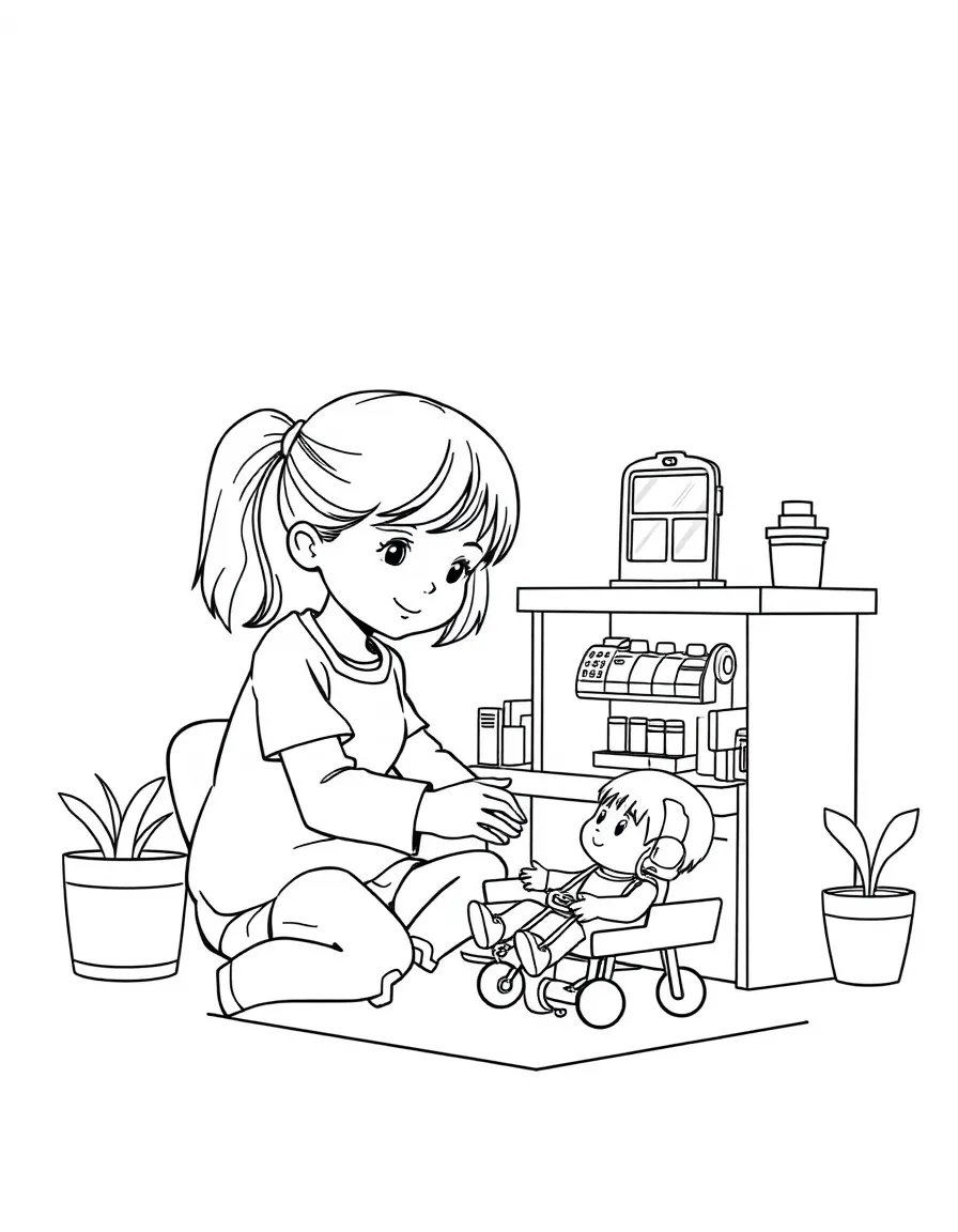 A girl playing with a toy hospital, treating toy patients.