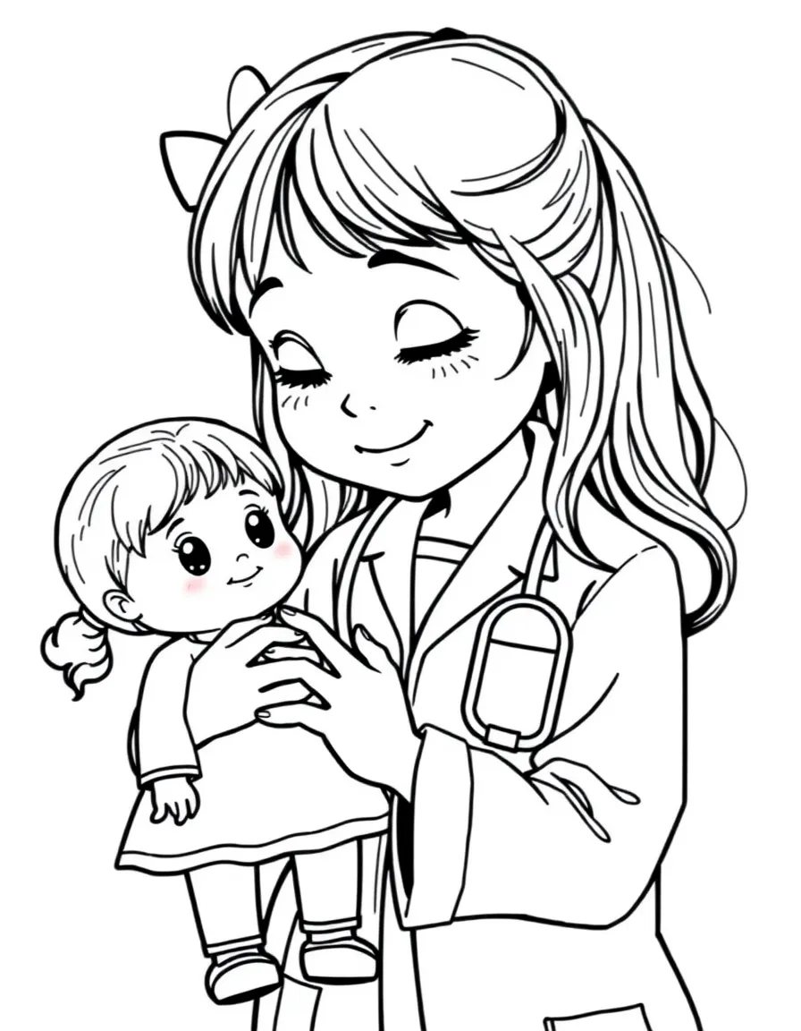A girl pretending to be a doctor, listening to her doll's chest.