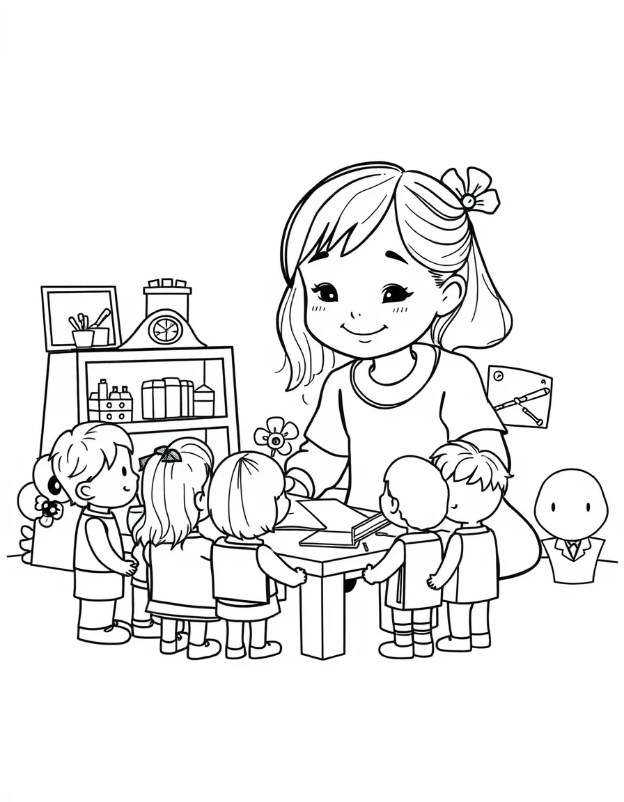 A girl playing with a toy school, teaching toy students.