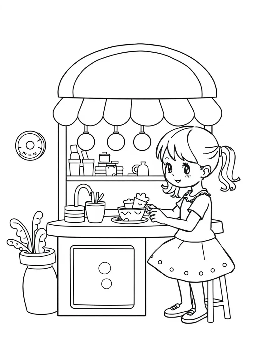 A girl playing with a toy restaurant, serving pretend food.