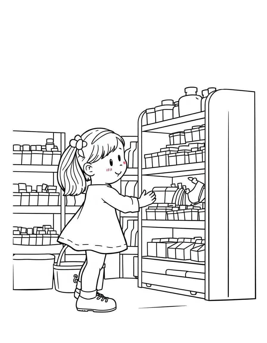 A girl playing with a toy grocery store, organizing shelves.