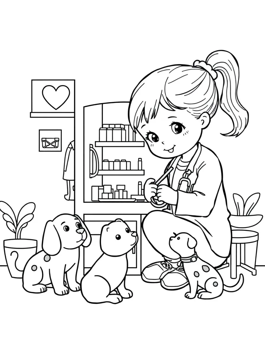 A girl playing with a toy veterinarian clinic, caring for toy pets.