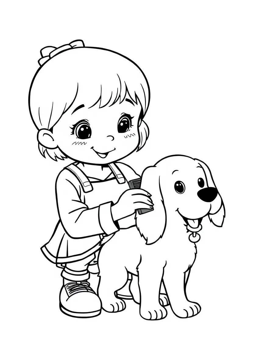 A girl pretending to be a pet groomer, brushing a toy dog.