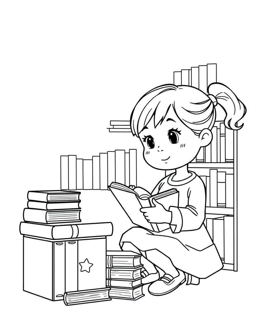 A girl pretending to be a librarian, organizing toy books.
