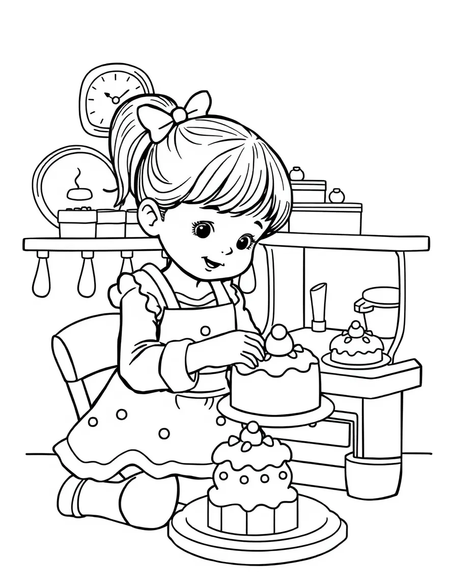 A girl playing with a toy bakery, decorating pretend cakes.