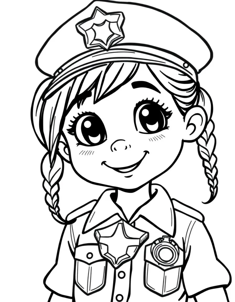 A girl pretending to be a police officer, wearing a toy badge.