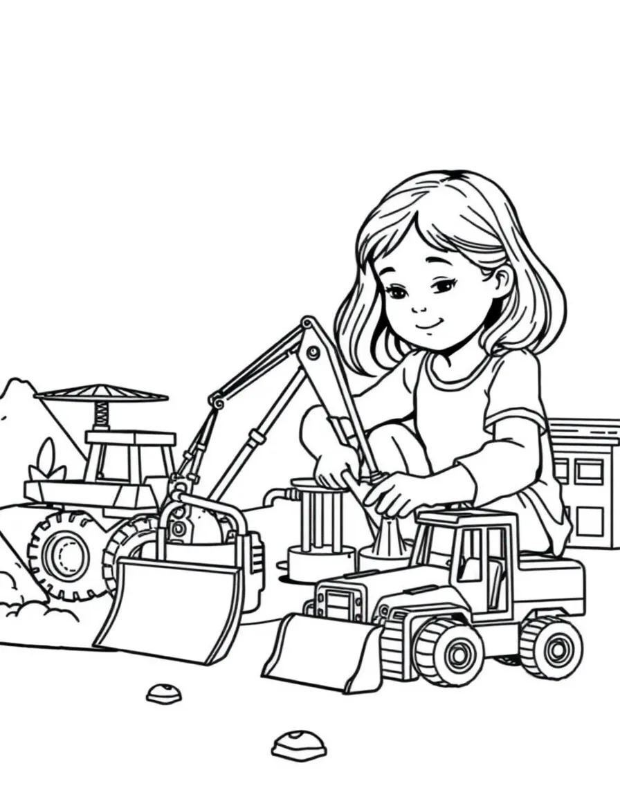 A girl playing with a toy construction site, moving toy vehicles.