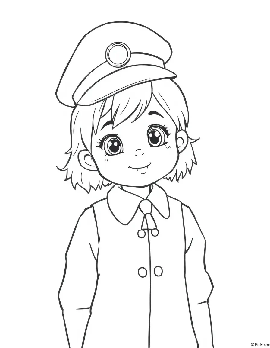 A girl pretending to be a train conductor, wearing a toy hat.