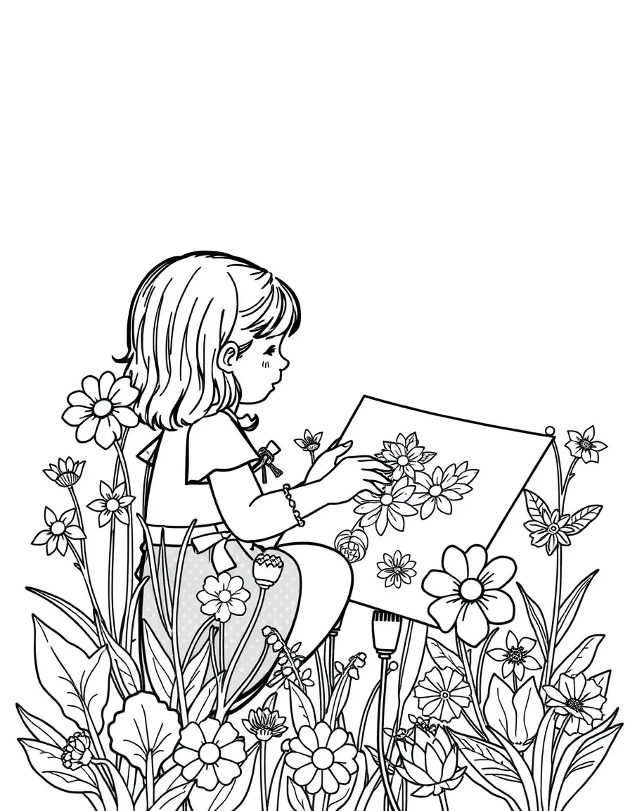 A girl making a "flower garden" drawing with lots of details.