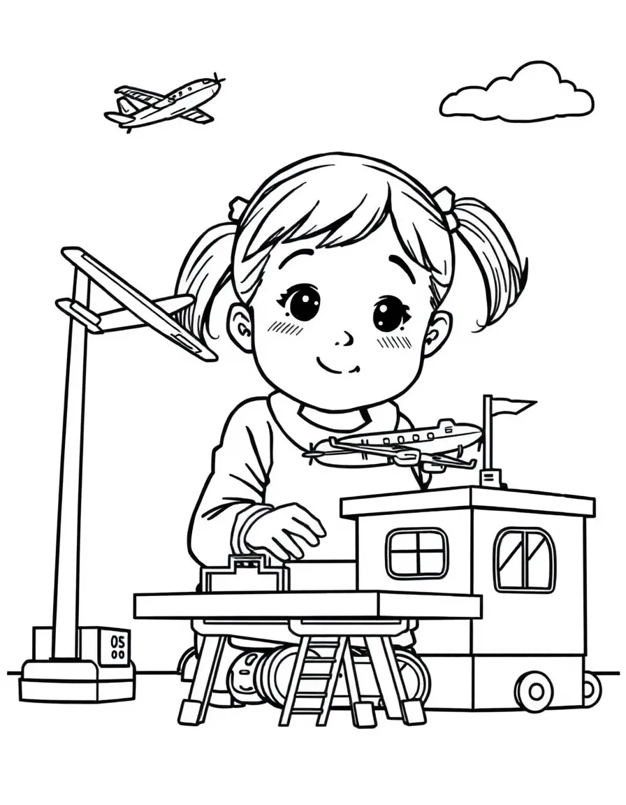 A girl playing with a toy airport, directing toy planes.
