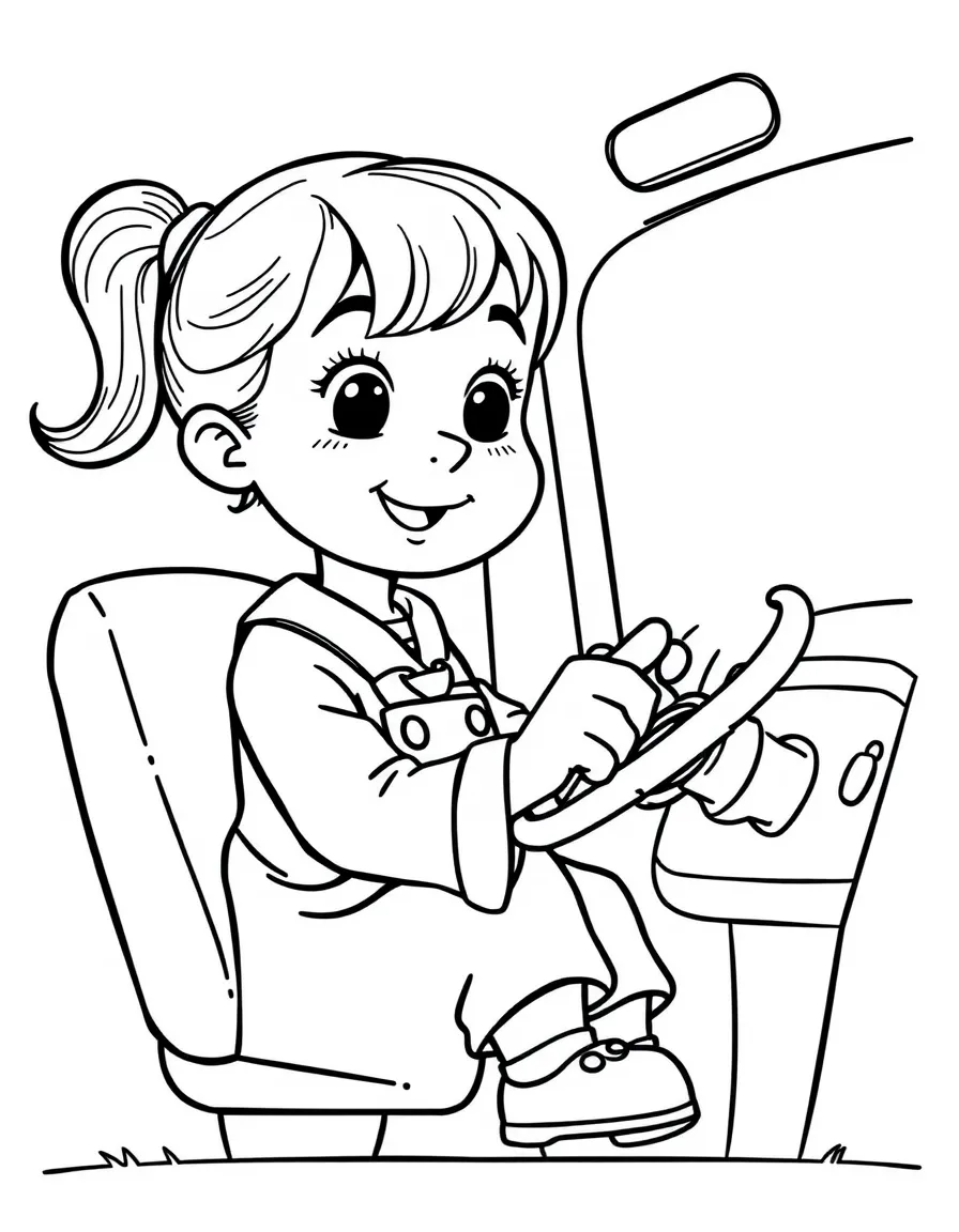 A girl pretending to be a bus driver, steering a toy wheel.