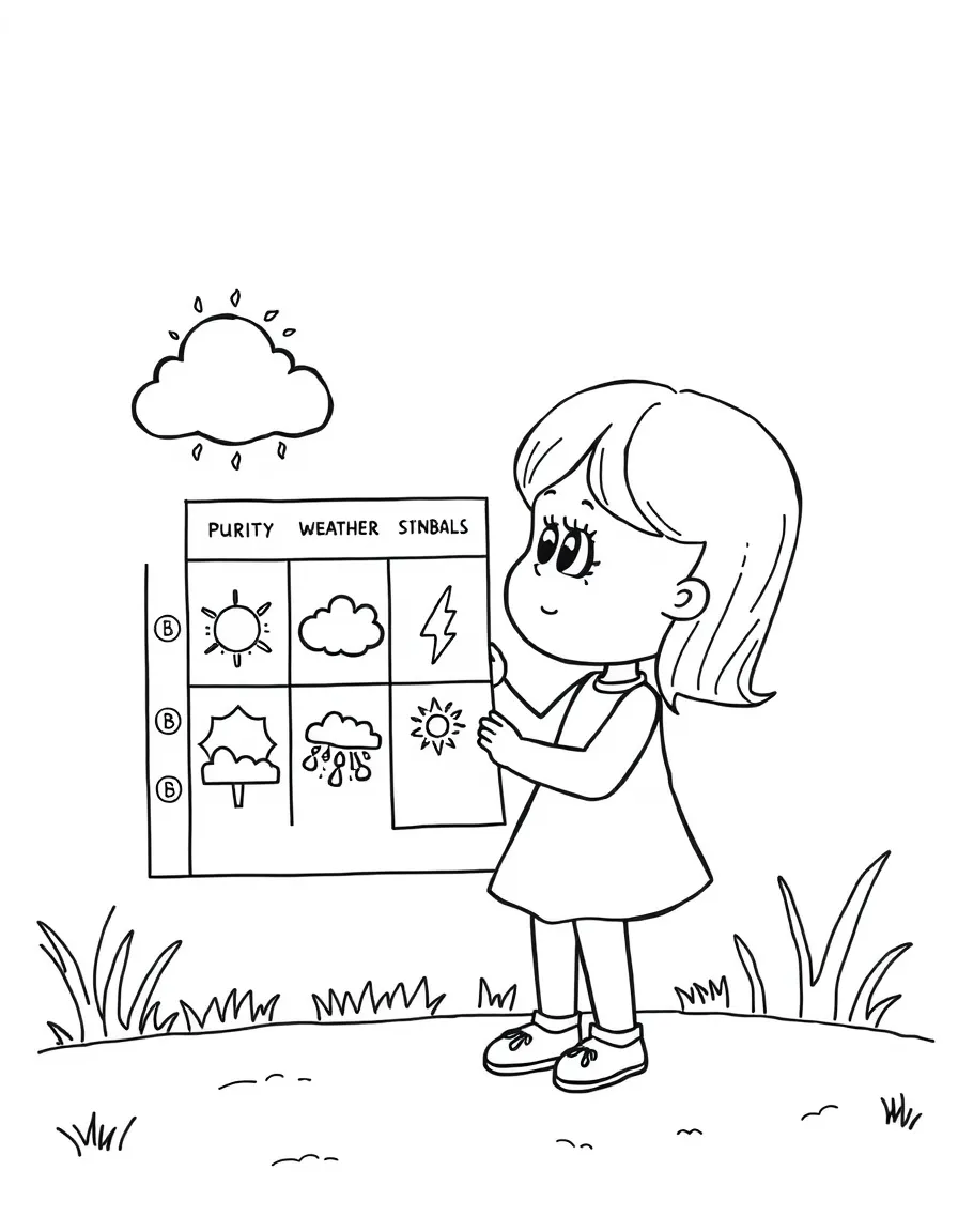 A girl making a "weather chart" with different weather symbols.