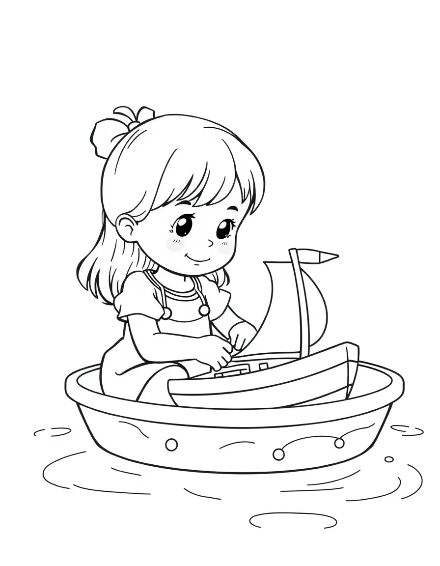 A girl playing with a toy boat, sailing it in a tub of water.