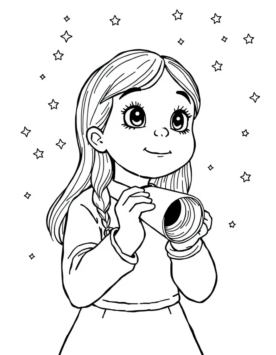 A girl making a "constellation viewer" with a paper tube.