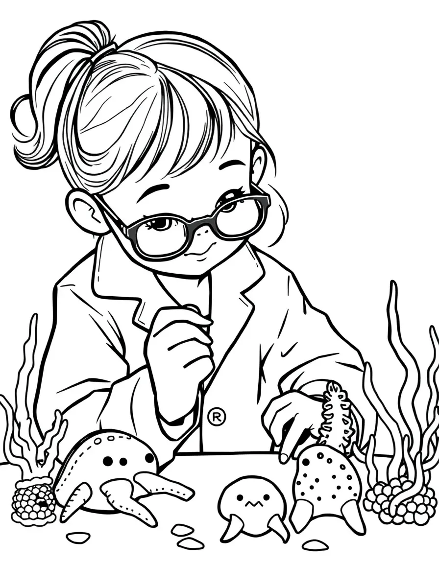 A girl pretending to be a marine biologist, examining toy sea creatures.