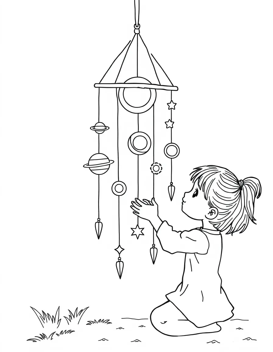 A girl making a "solar system" mobile.