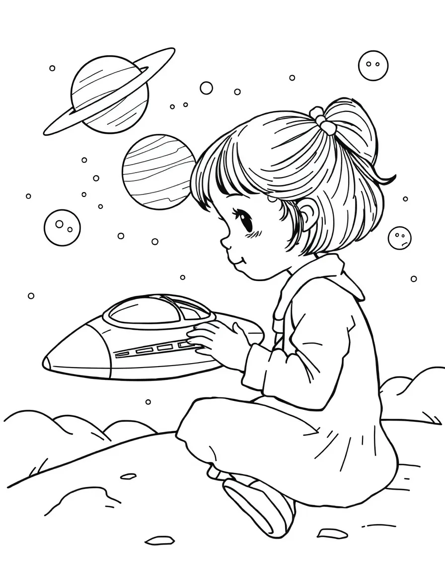 A girl playing with a toy spaceship, flying to imaginary planets.