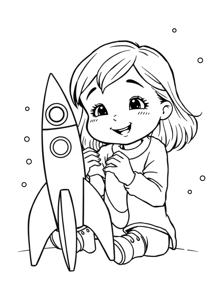 A girl playing with a toy rocket, counting down to launch.