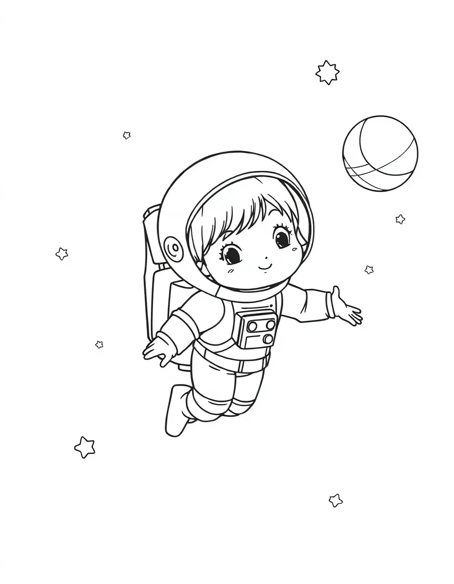 A girl pretending to be an astronaut, floating in outer space.