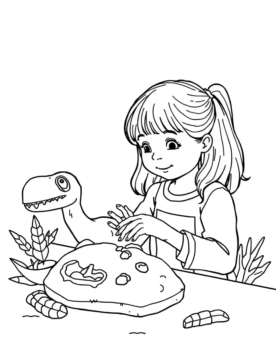 A girl making a "dinosaur fossil" craft.