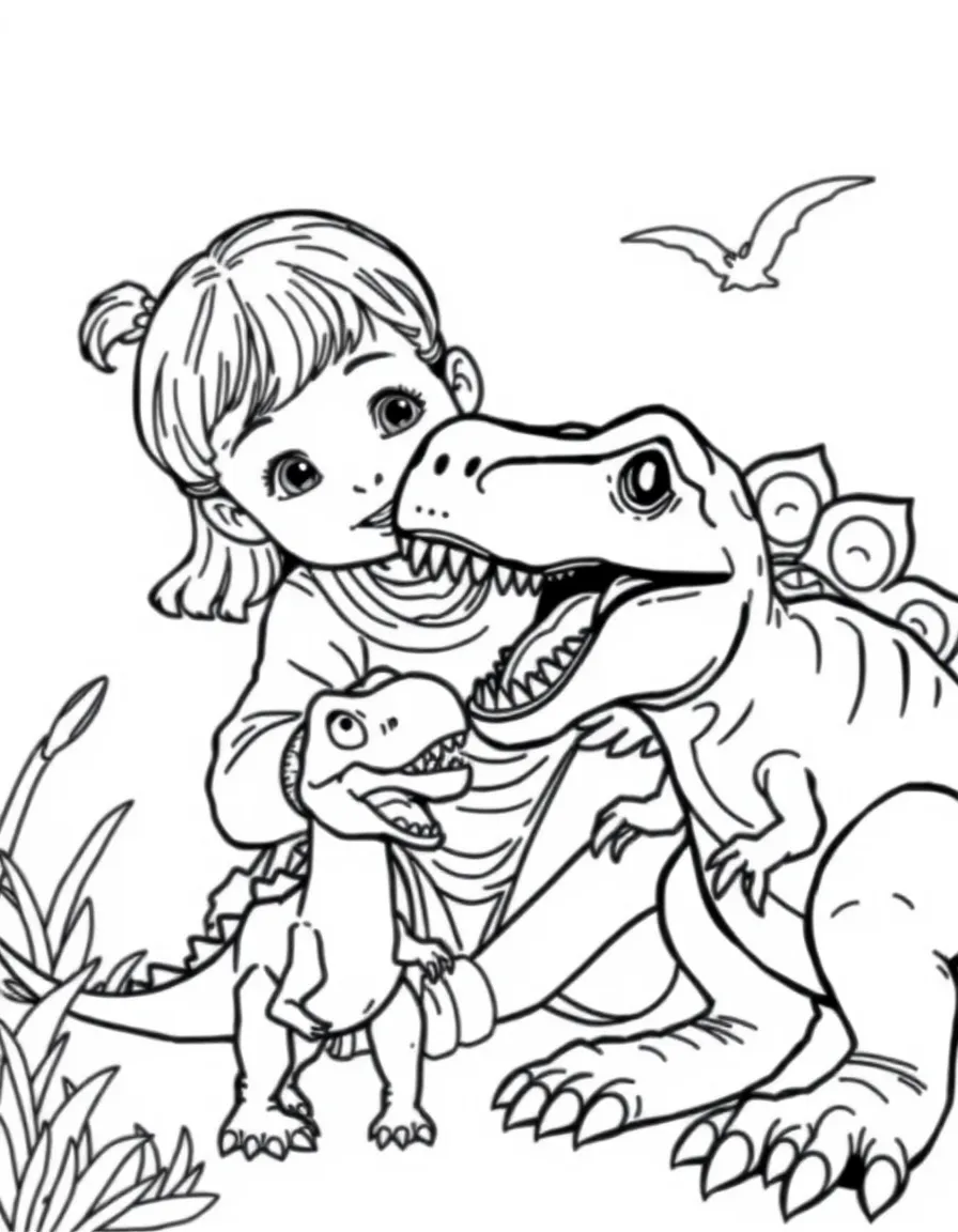 A girl playing with toy dinosaurs, making roaring sounds.